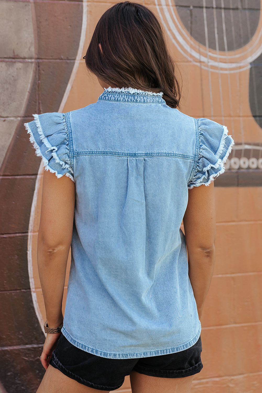 Beau Blue Button Frayed Denim Top-1