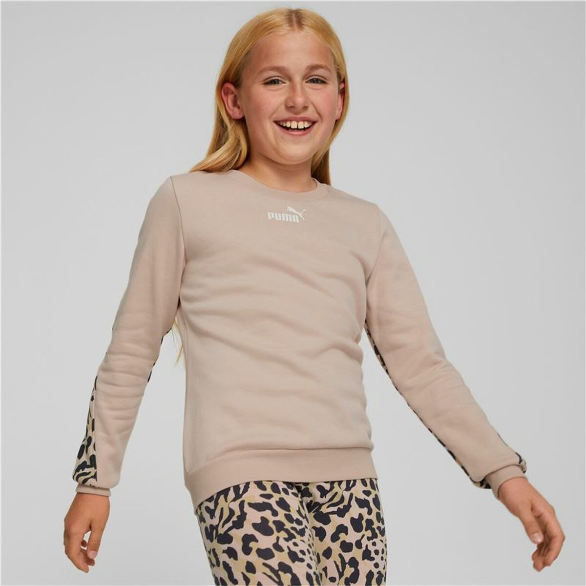 Hoodless Sweatshirt for Girls Puma Alpha Crew Neck Beige Leopard Pink-6