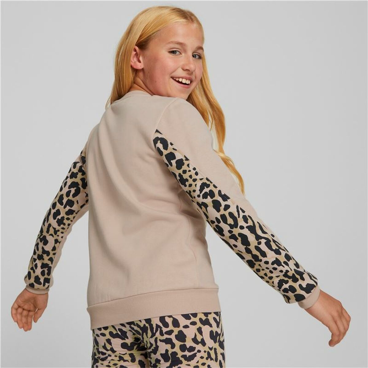 Hoodless Sweatshirt for Girls Puma Alpha Crew Neck Beige Leopard Pink-4