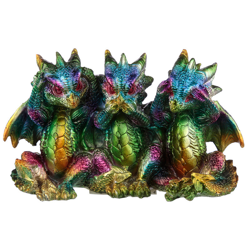 Hear No See No Speak No Metallic Rainbow Dragon Figurine DRG469-0