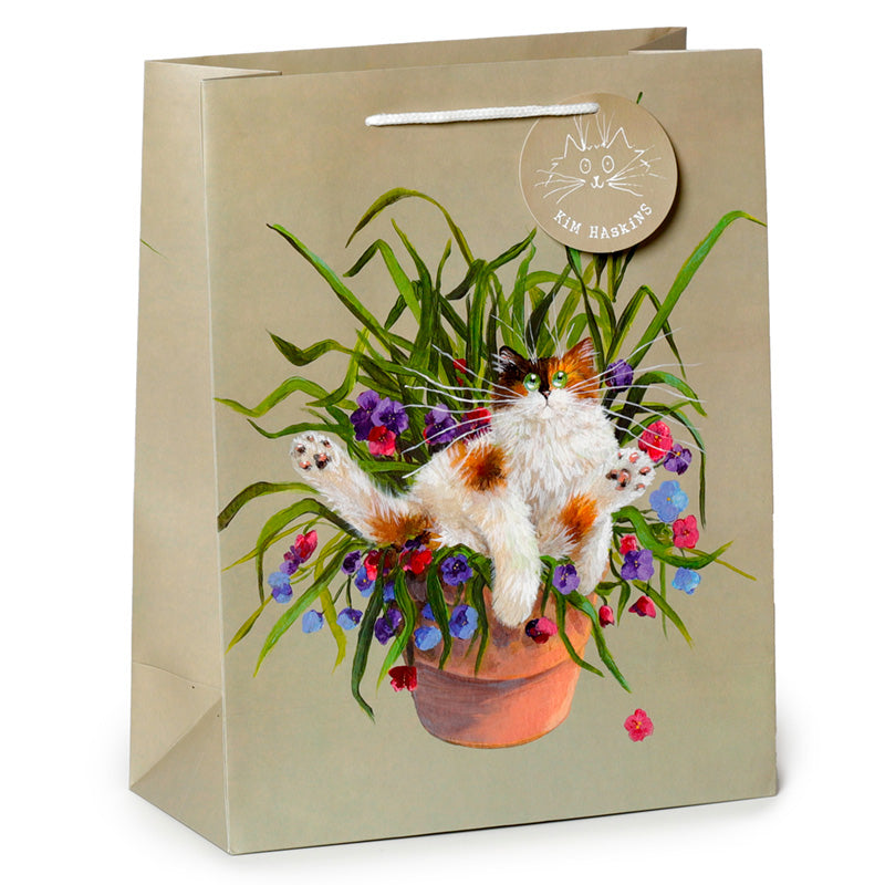 Gift Bag (Large) - Kim Haskins Floral Cat in Plant Pot Green GBAG87A-0