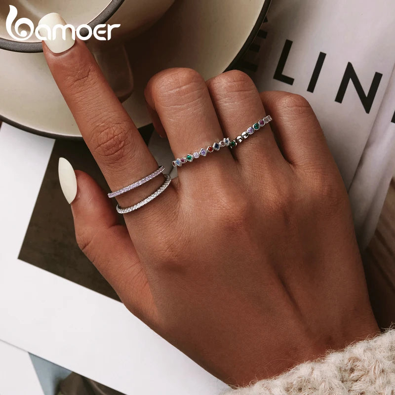 BAMOER 925 Sterling Silver Rainbow Zircon Finger Ring for Women Trendy Fashion Dazzling CZ Stone Anillos Jewelry Gift SCR714