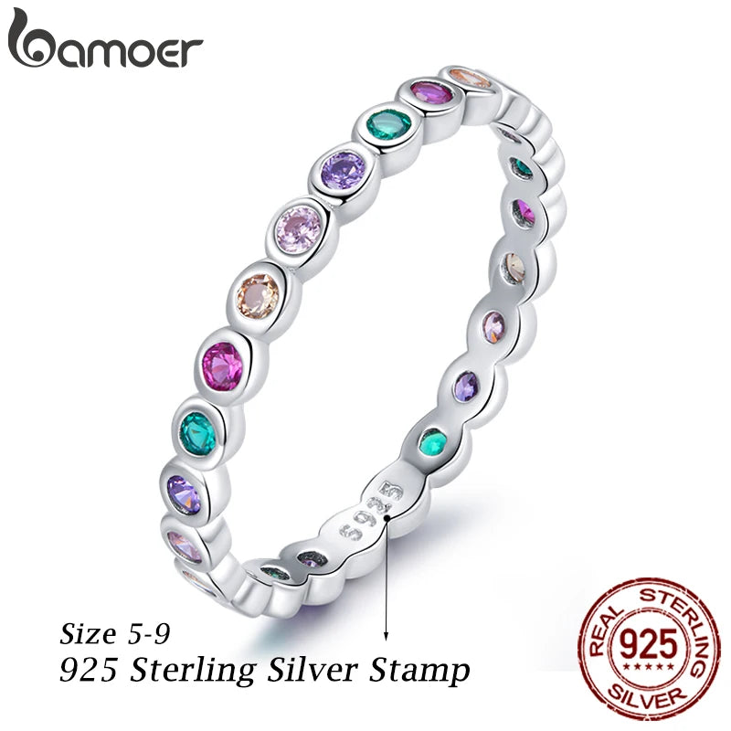 BAMOER 925 Sterling Silver Rainbow Zircon Finger Ring for Women Trendy Fashion Dazzling CZ Stone Anillos Jewelry Gift SCR714