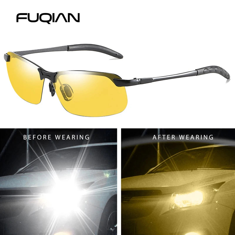 FUQIAN Photochromic Sunglasses Men Women Vintage Metal Polarized Sun Glasses For Male Night Vision Driving Sunglass