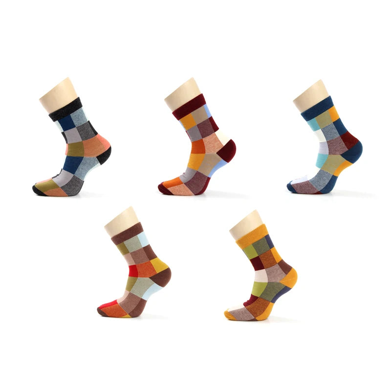 5 Pairs/Lot Combed Cotton Men's Socks Compression Socks Fashion Colorful Square Happy Dress Socks Men Size 39-45