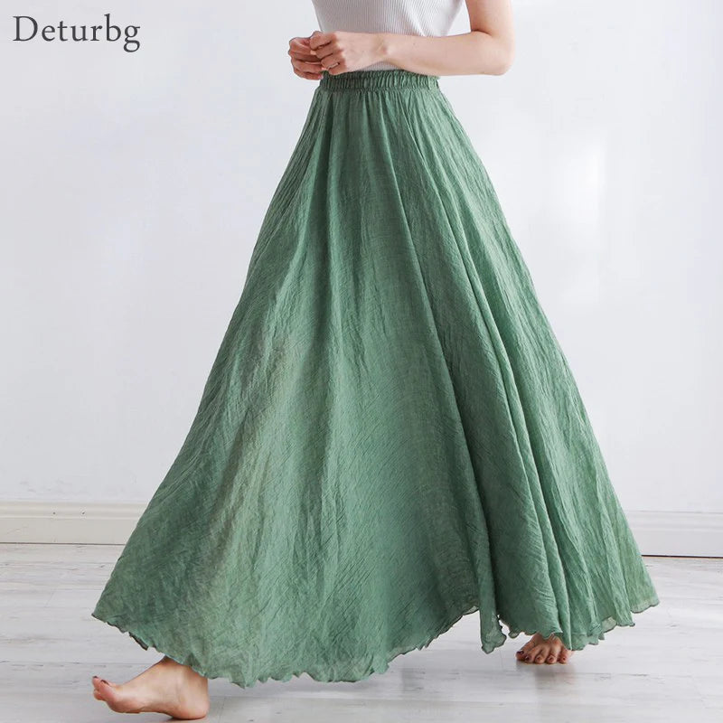 High Quality Cotton Linen Maxi Skirt Womens Casual Elastic High Waist Pleated A-Line Beach Skirts Boho Saia Feminina Faldas Jupe