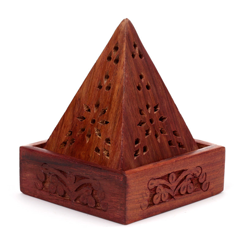 Pyramid Sheesham Wood Incense Cone Box with Fretwork IF198-0