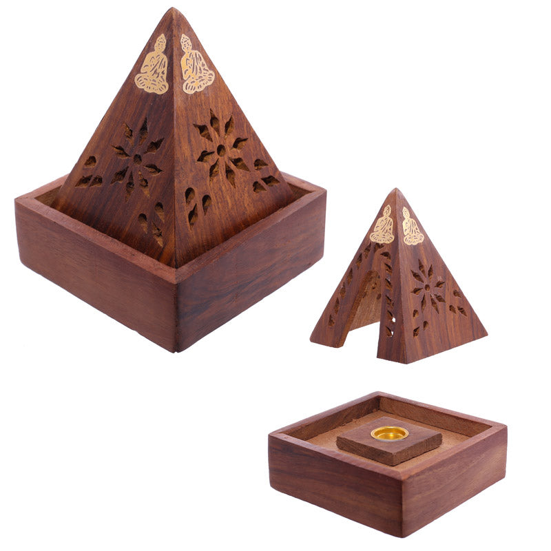 Decorative Sheehsam Wood Incense Cone Pyramid Box IF203-0