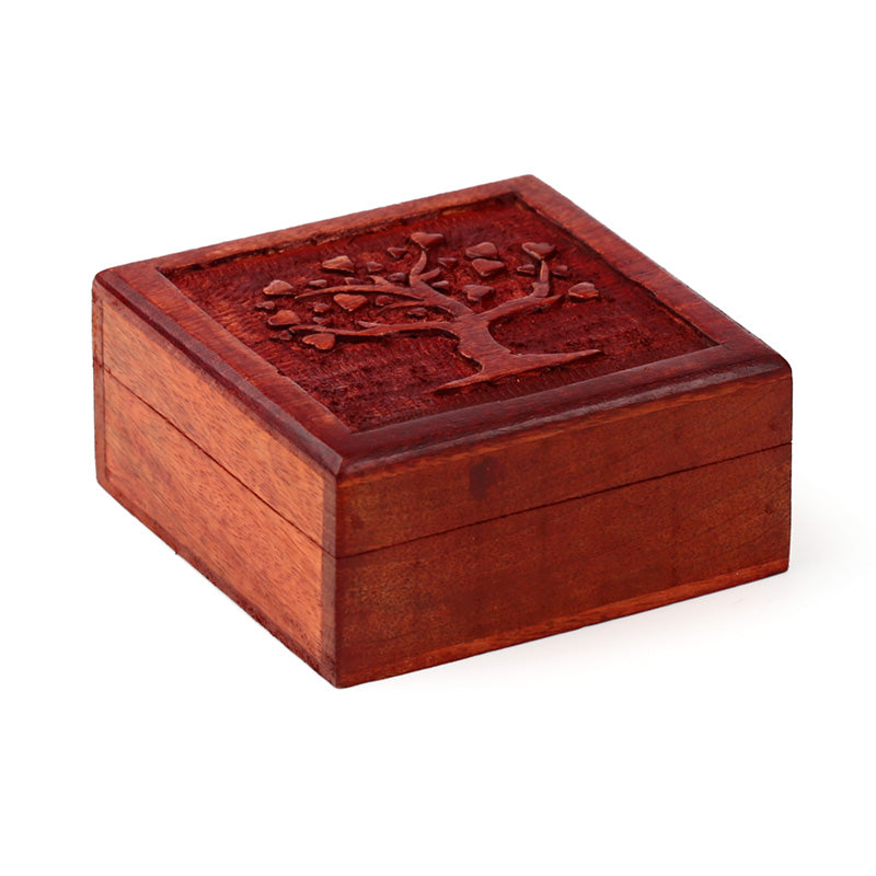 Carved Mango Wood Tree of Life Trinket Box IF213M-0