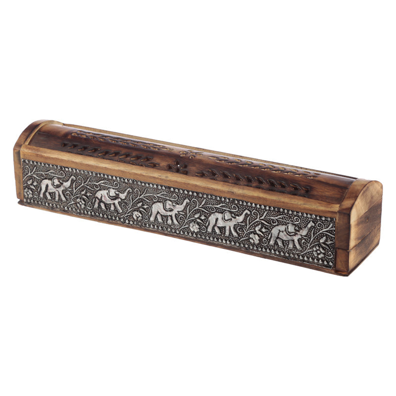 Decorative Elephant Inlay Sliding Lid Wooden Incense Burner Box IF215-0