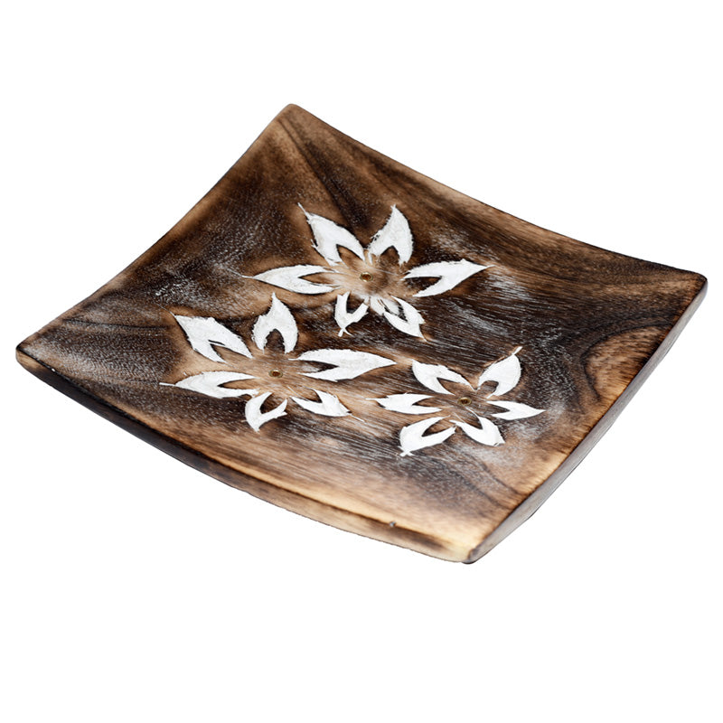 Mango Wood Square Carved Flowers Ashcatcher Incense Sticks Burner IF237-0