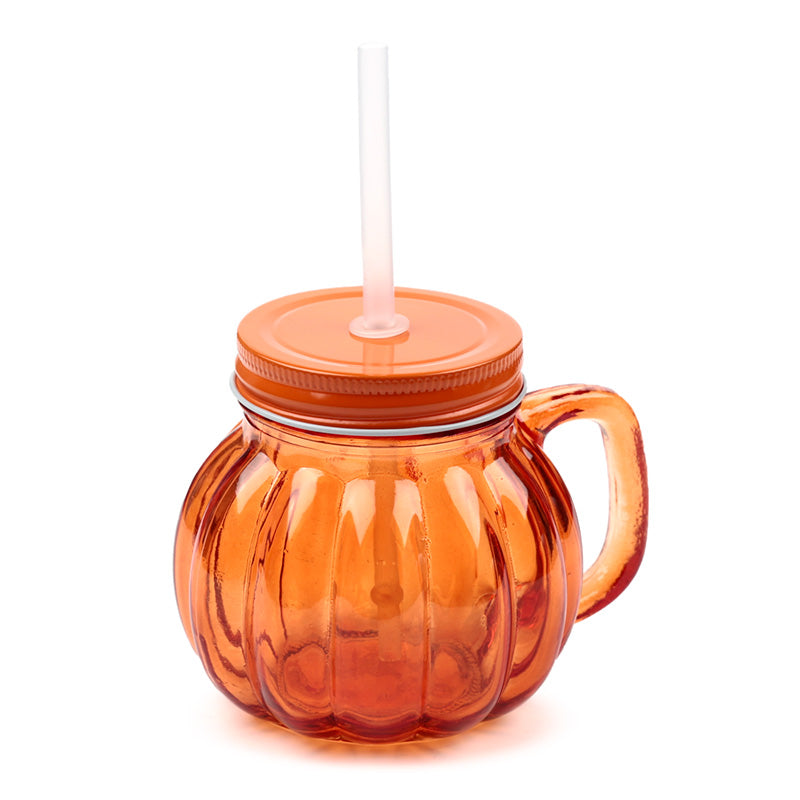 Glass Drinking Jar with Lid & Straw - Pumpkin JAR96-0