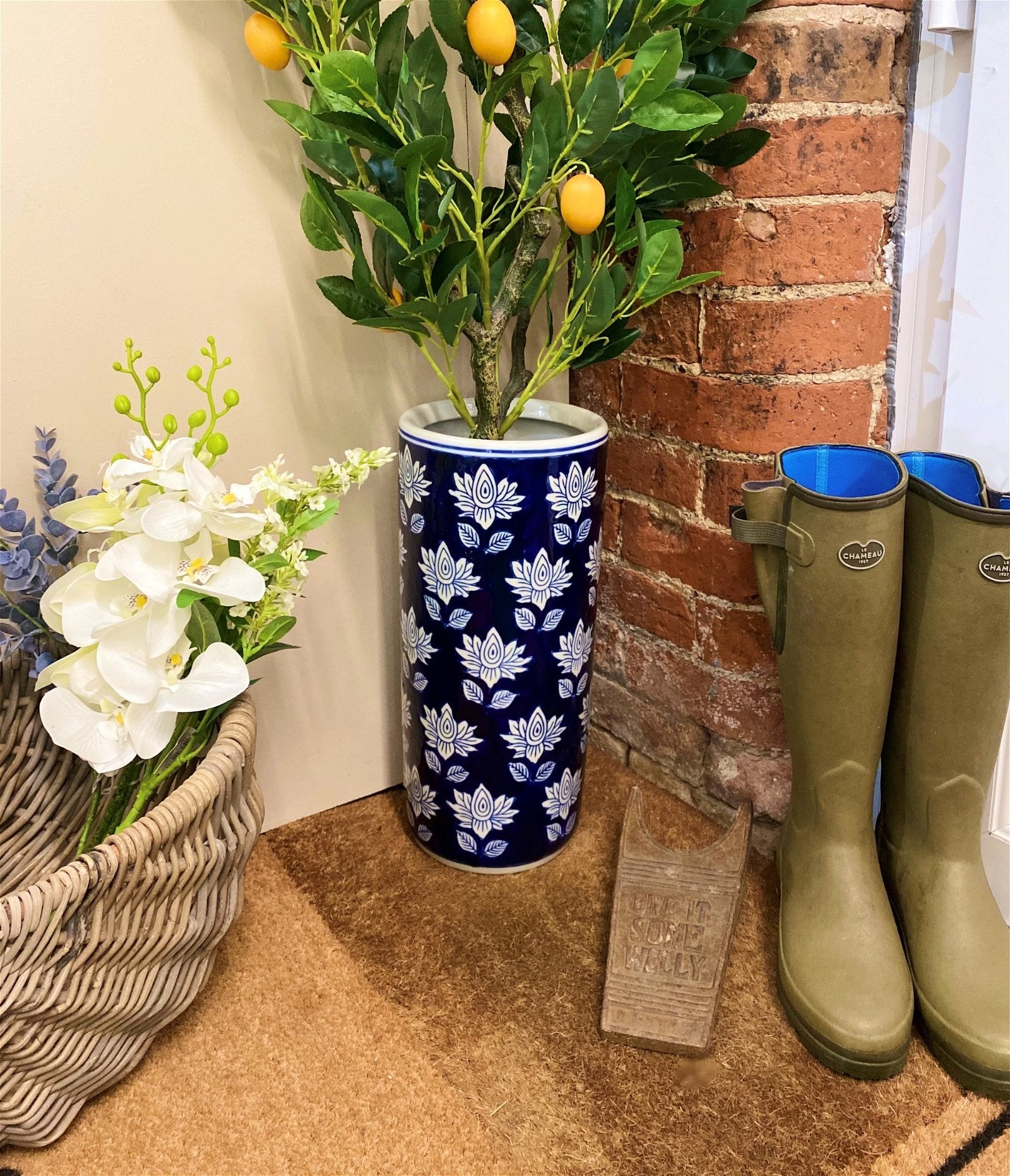 Blue With White Flower Umbrella Stand-1