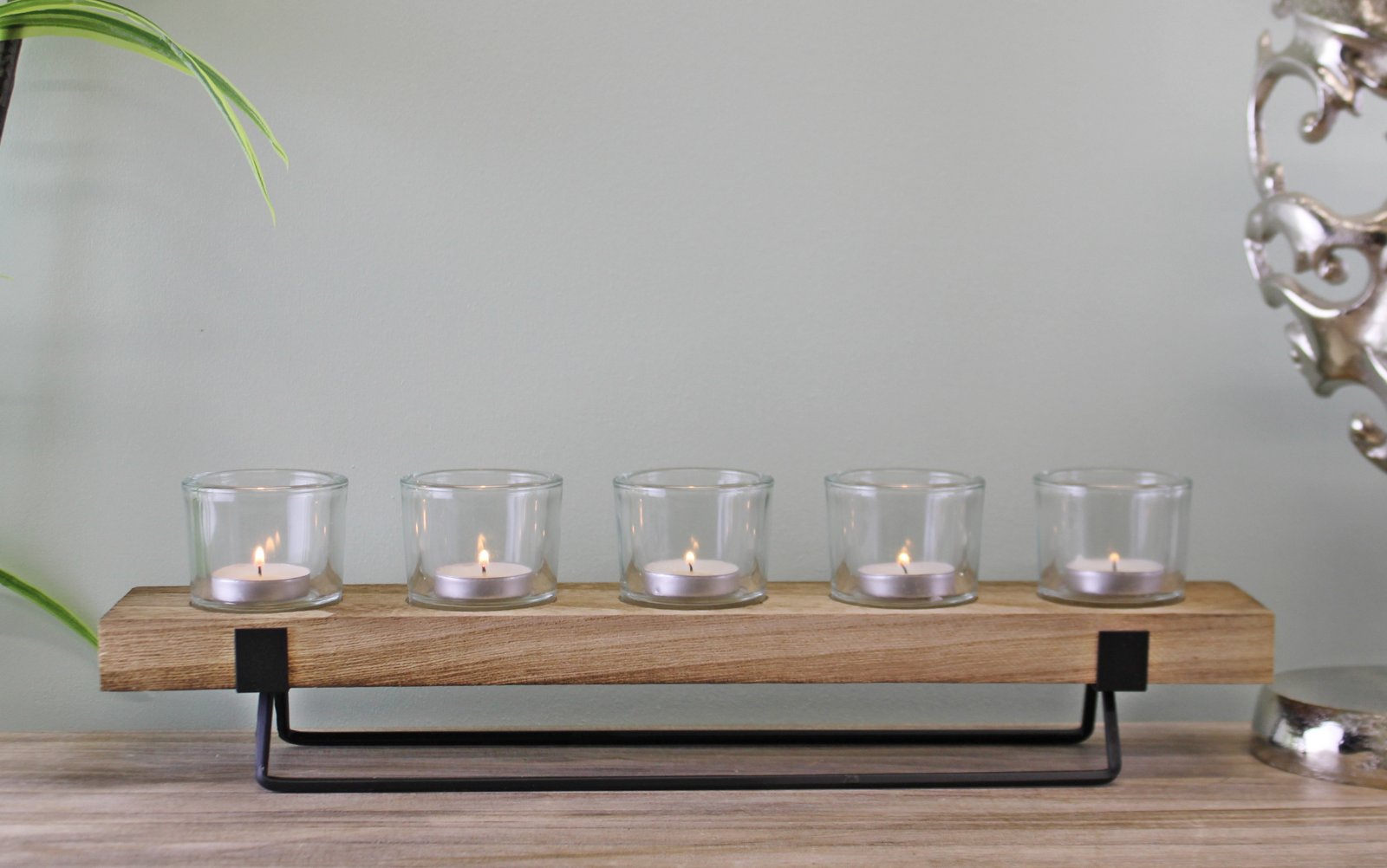 5 Piece Glass, Wood & Metal Tealight Holder-2