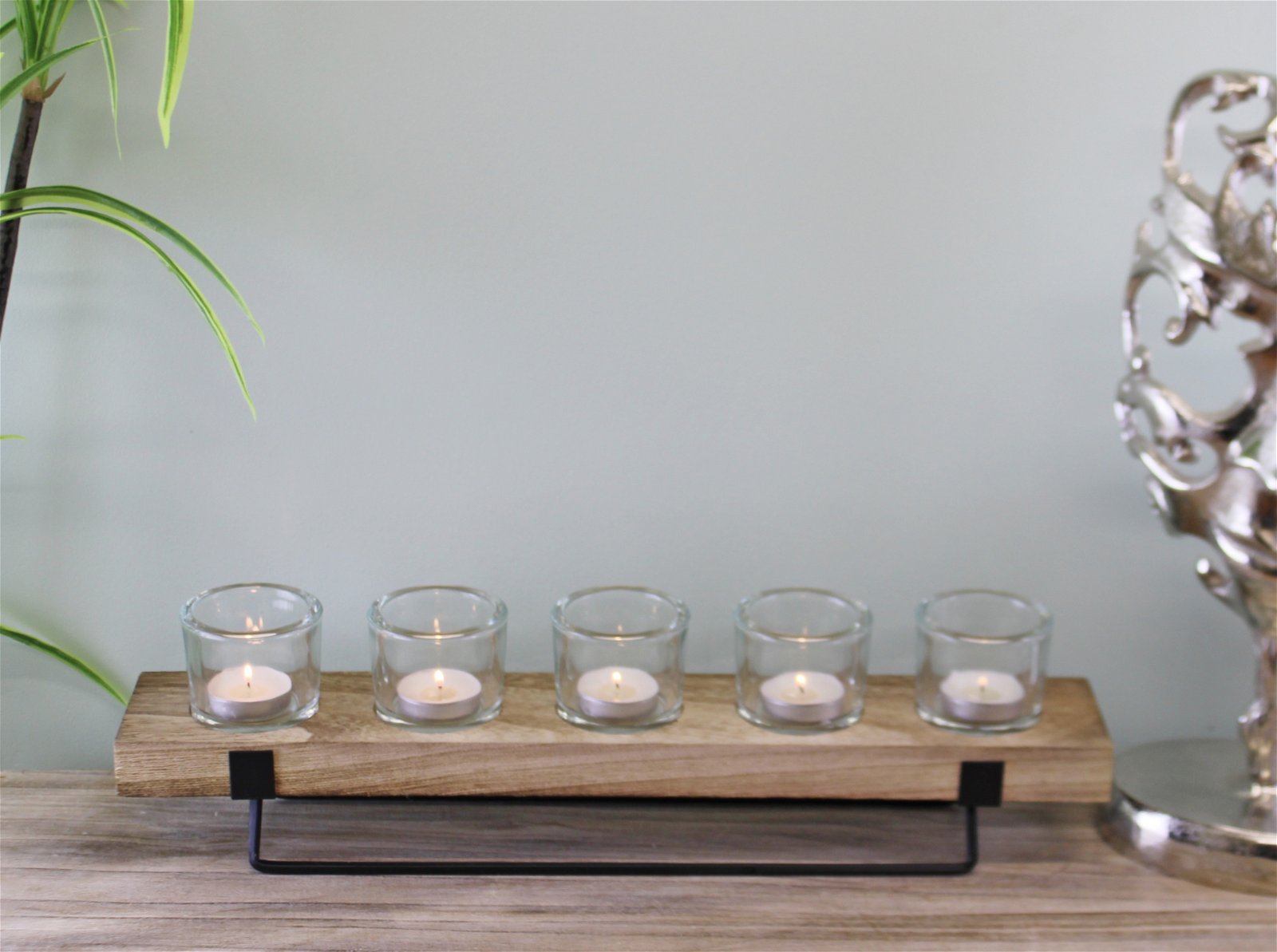 5 Piece Glass, Wood & Metal Tealight Holder-1