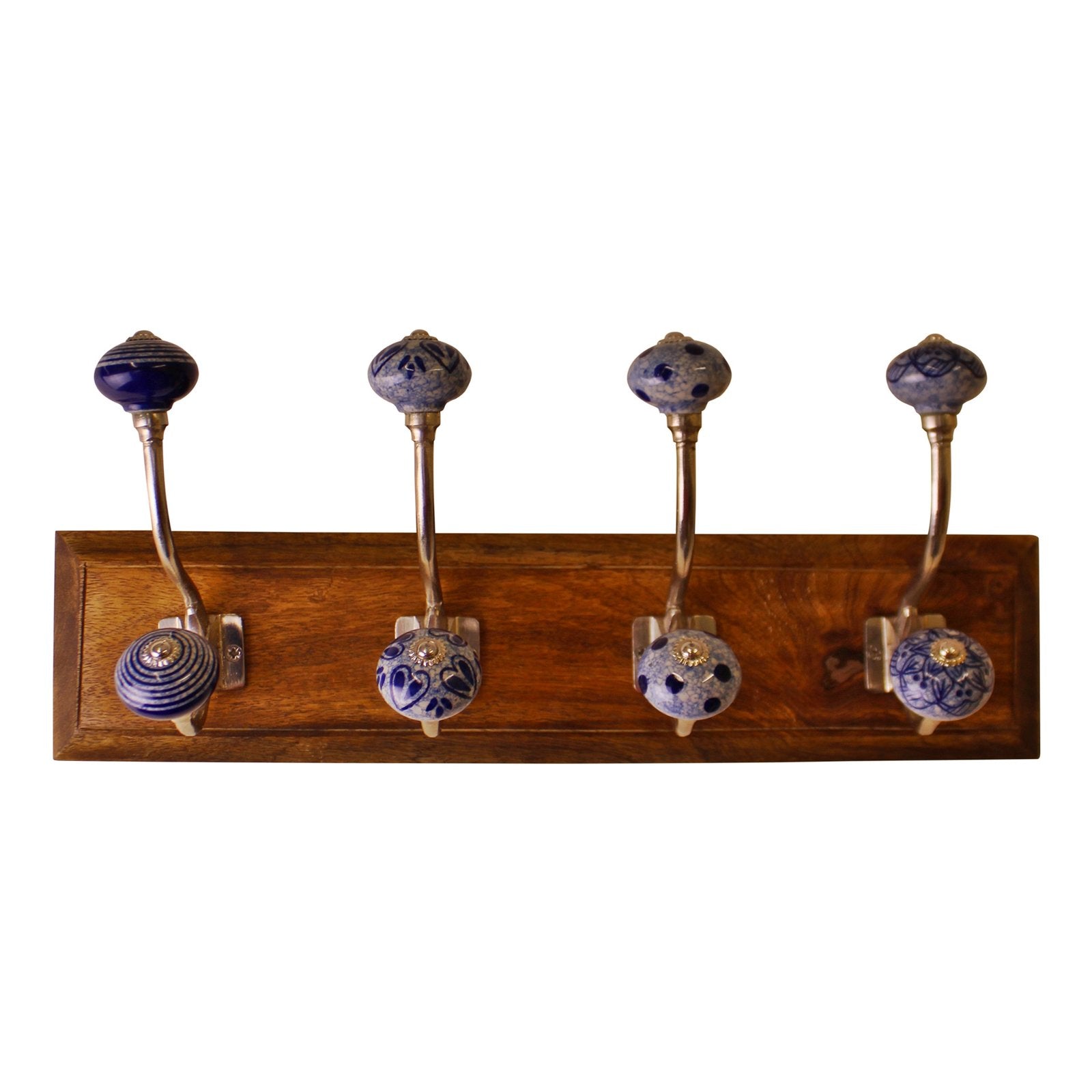 4 Double Ceramic Blue & White Coat Hooks On Wooden Base-0