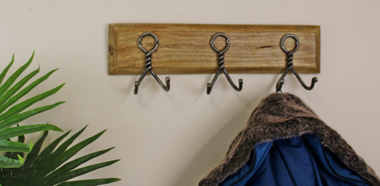 3 Piece Double Metal Hooks On Wooden Base-1