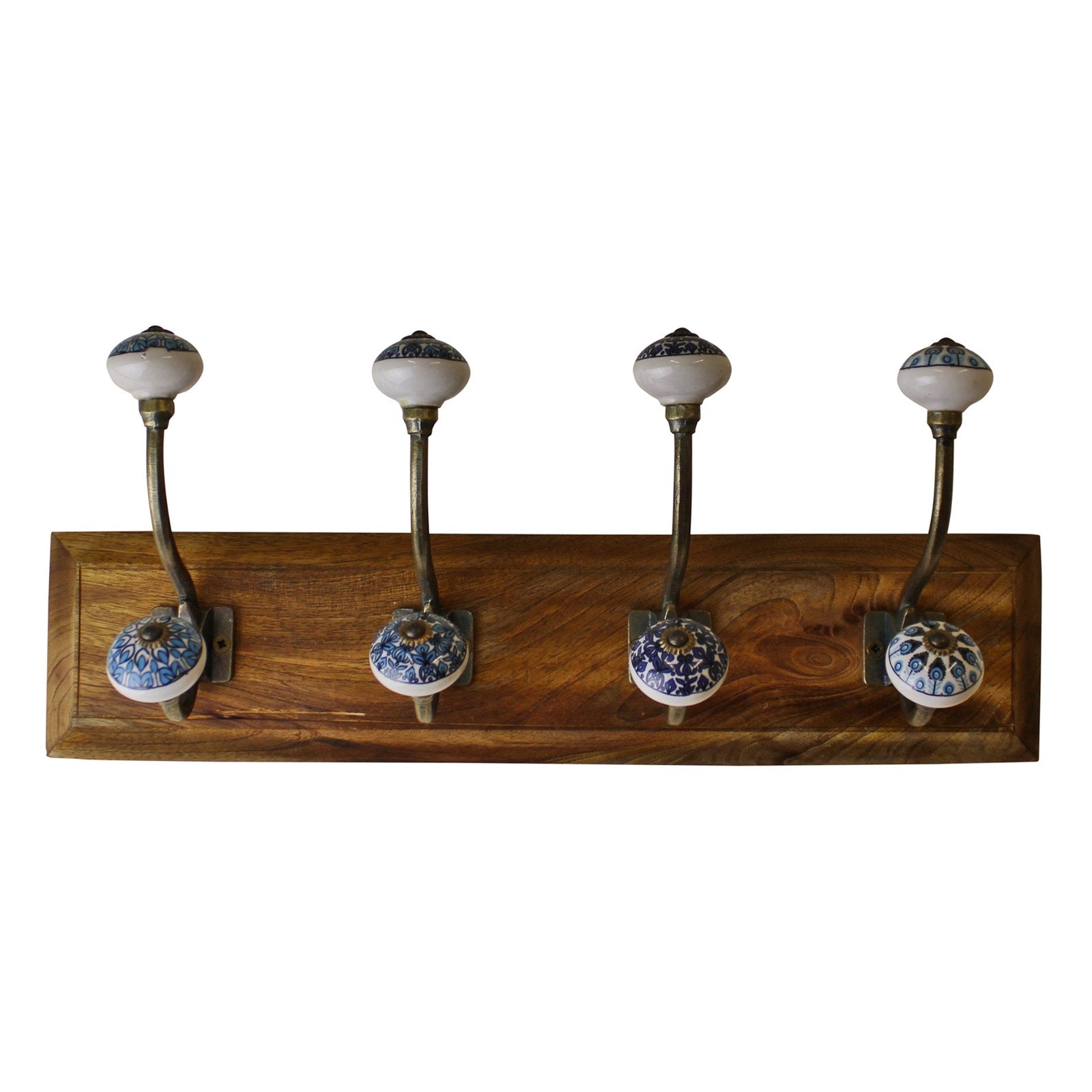 4 Double Ceramic Peacock Design Coat Hooks On Wooden Base-2