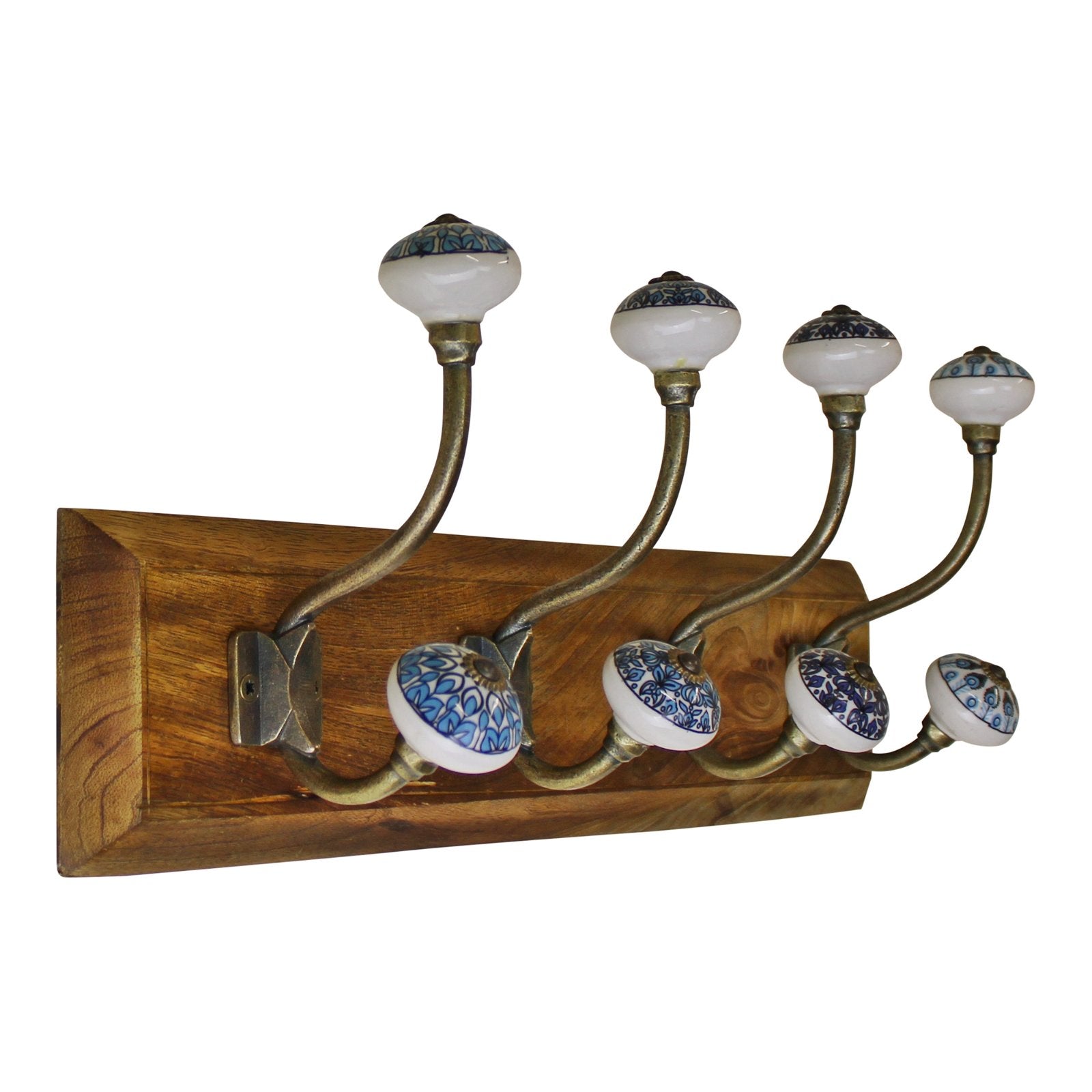 4 Double Ceramic Peacock Design Coat Hooks On Wooden Base-0