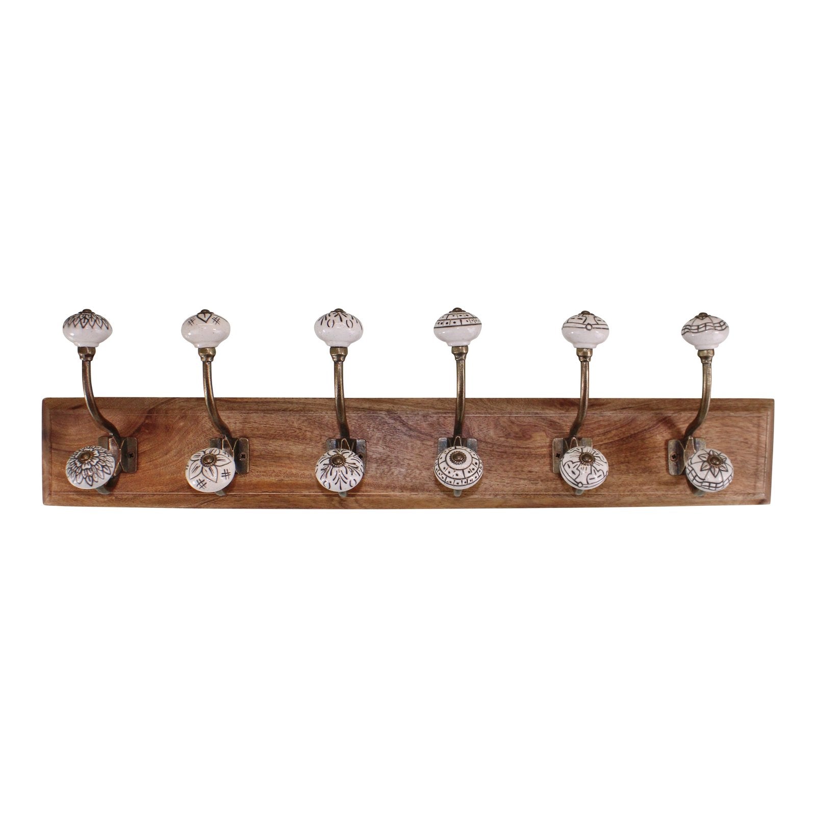 6 Double Ceramic Ivory Coat Hooks On Wooden Base-0