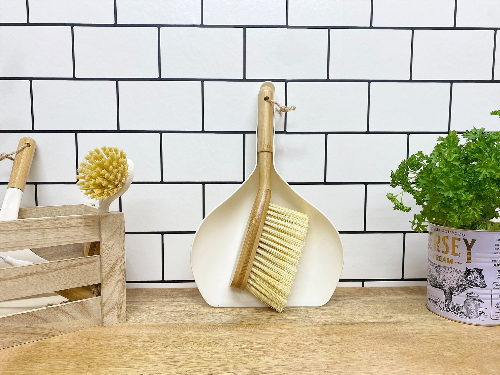 Cream Dustpan & Bamboo Wooden Brush-3