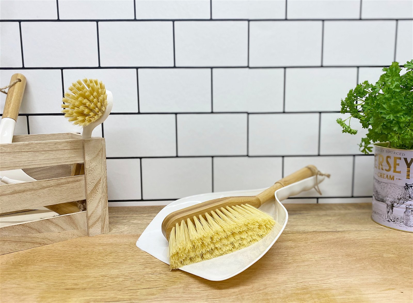 Cream Dustpan & Bamboo Wooden Brush-2