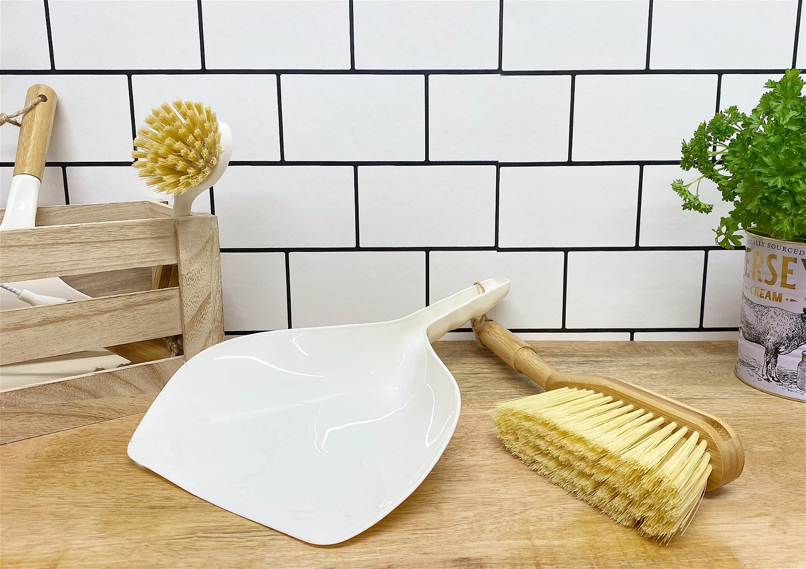 Cream Dustpan & Bamboo Wooden Brush-1