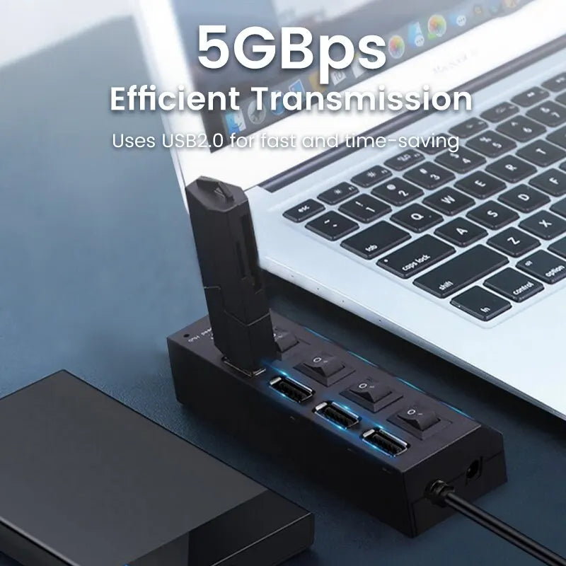 USB 2.0 Hub Multi USB Splitter Ports Hub Use Power Adapter4/ 7 Port Multiple Expander Hub with Switch 30CM Cable For Home