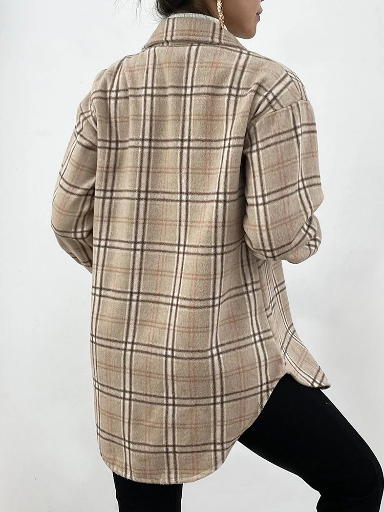 Autumn Spring Vintag Plaid Shirt Women Casual White Long Sleeve Pocket Collared Shirts Top Clothes Fashion New 2023 Fall