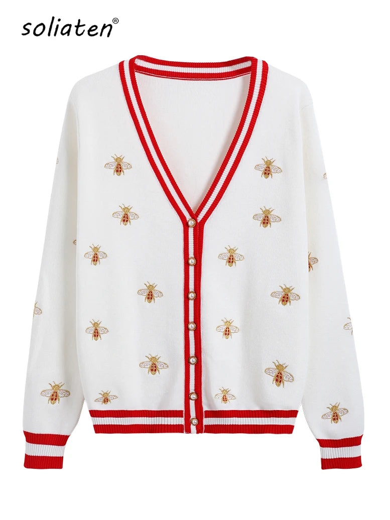 High Quality Fashion Designer Bee Embroidery Cardigan Long Sleeve Single Breasted Contrast Color Button Knitted Sweaters C-068