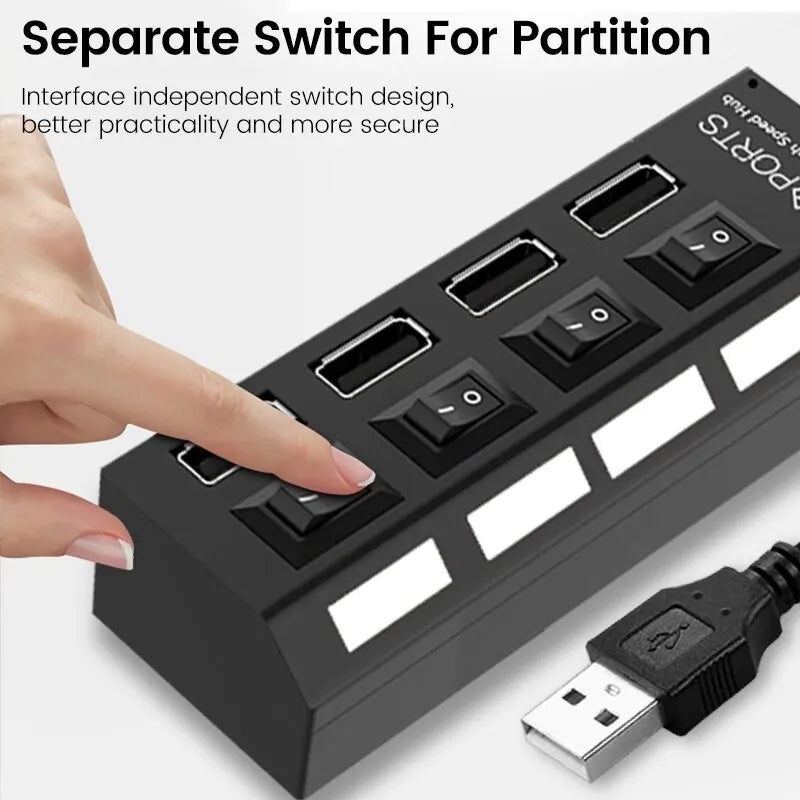 USB 2.0 Hub Multi USB Splitter Ports Hub Use Power Adapter4/ 7 Port Multiple Expander Hub with Switch 30CM Cable For Home