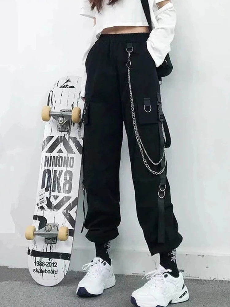 Women Cargo Pants  Harem Pants Fashion Punk Pockets Jogger Trousers With Chain Harajuku Elastics High Waist Streetwear