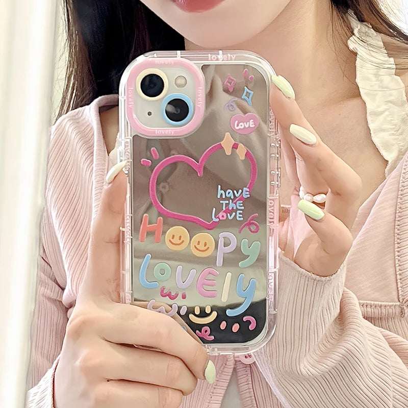 Lovely Girl Heart Mirror Phone Case For iPhone 11 12 13 14 15 Pro Max Shockproof Back Cover