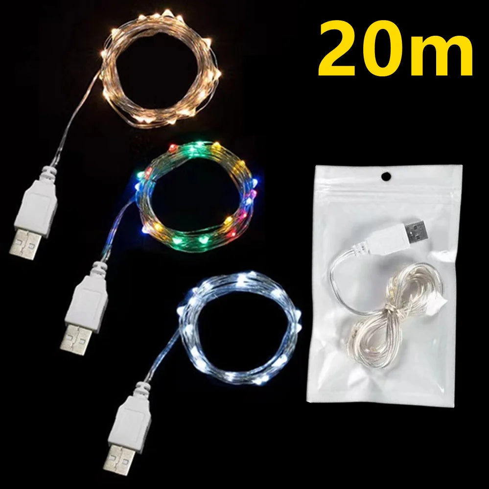 3/10/20M USB LED String Lights Copper Silver Wire Garland Light Waterproof Fairy Lights For Christmas Wedding Party Decoration