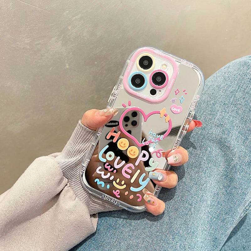 Lovely Girl Heart Mirror Phone Case For iPhone 11 12 13 14 15 Pro Max Shockproof Back Cover