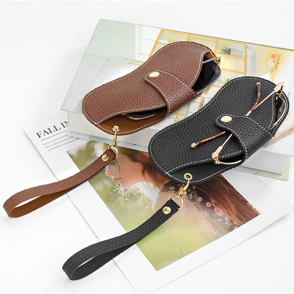 Portable Sunglasses Box Women Retro PU Leather Glasses Case Eyewear Pouch Bags Glasses Storage Pendant with Wristband Neck Strap