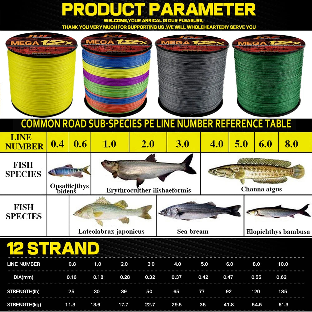 JOF Fishing Lines 300M 500M 12 Strands Braided Line Multifilament PE Fishing Line 25/30/39/50/65/77/92/120LB 0.16-0.55mm