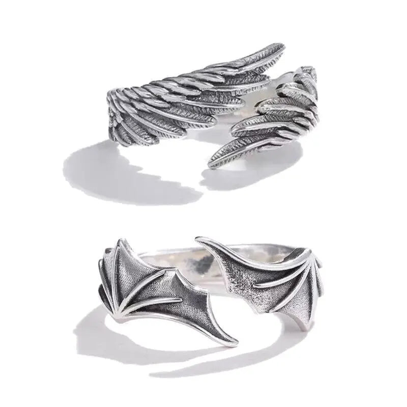 2pcs/pack Vintage Angel Wing Demon Eye Hip Hop Adjustable Couples Rings for Men Women Retro Silver Color Jewelry New 2023 Trend