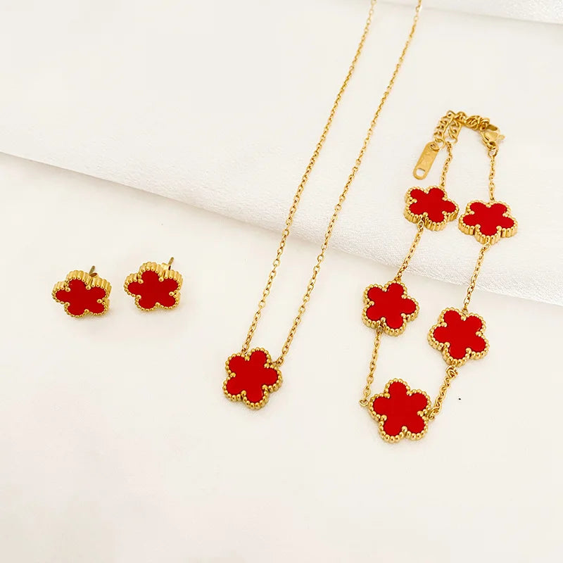 3Pcs Luxury Five Leaf Flower Pendant Necklace Earrings Bracelet for Women Gift Trendy Stainless Steel Jewelry Sets 2023 New