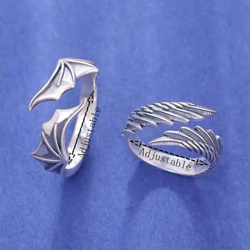 2pcs/pack Vintage Angel Wing Demon Eye Hip Hop Adjustable Couples Rings for Men Women Retro Silver Color Jewelry New 2023 Trend