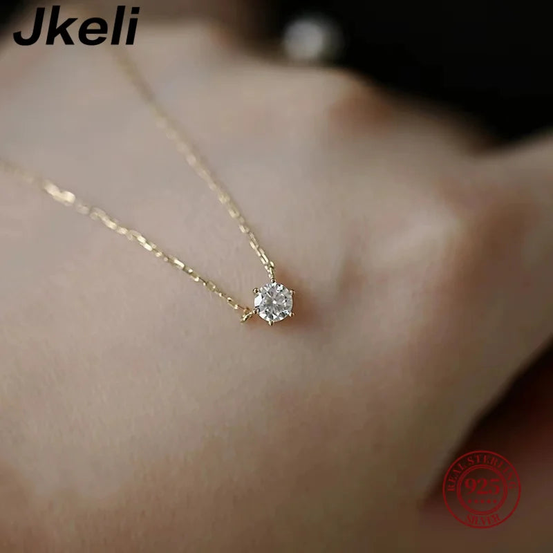 Jkeli 925 Sterling Silver 18k Gold Plated Necklace Single Sparkling Zircon Clavicle Chain for Women Wedding Jewelry collares