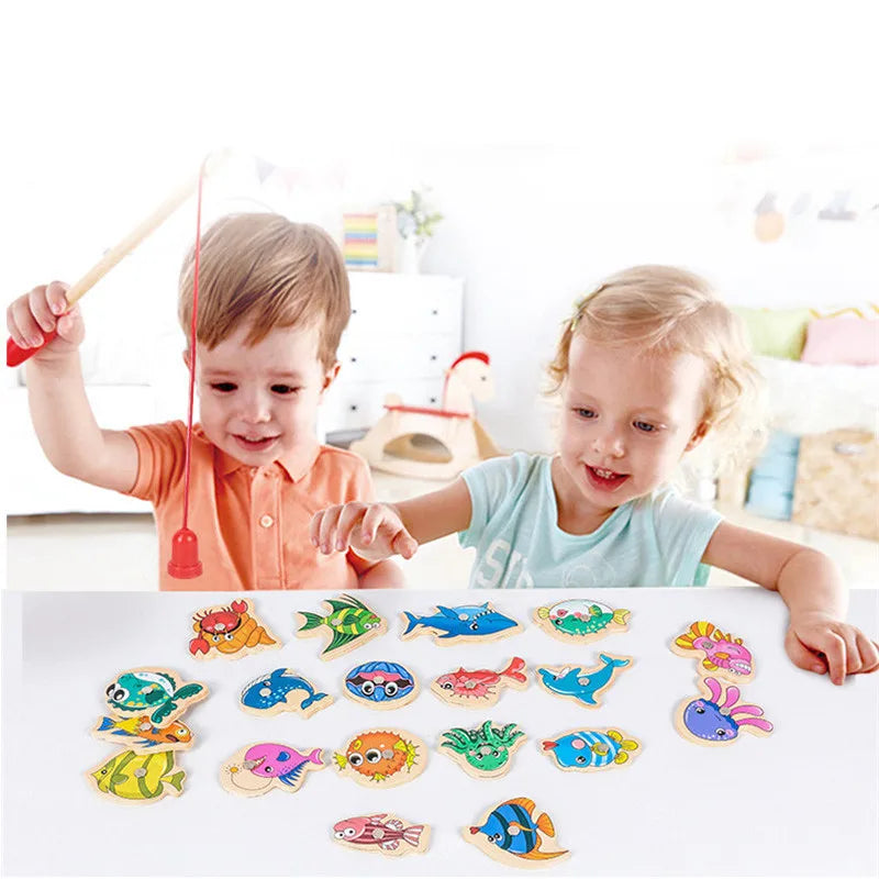 Montessori Wooden Fishing Toys For Children Magnetic Marine Life Cognition Fish Games Parent-Child Interactive Educational Toy