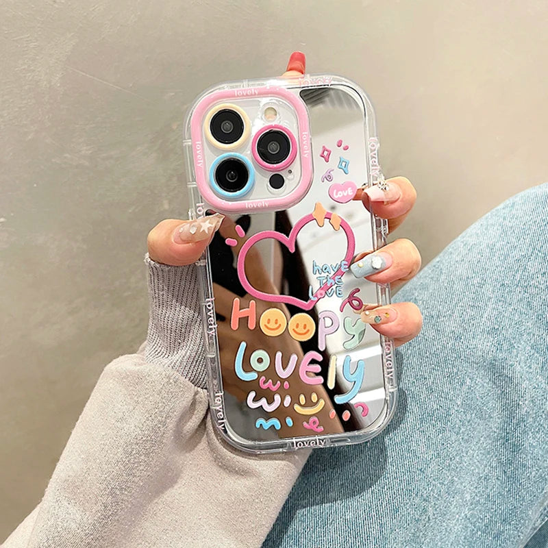 Lovely Girl Heart Mirror Phone Case For iPhone 11 12 13 14 15 Pro Max Shockproof Back Cover