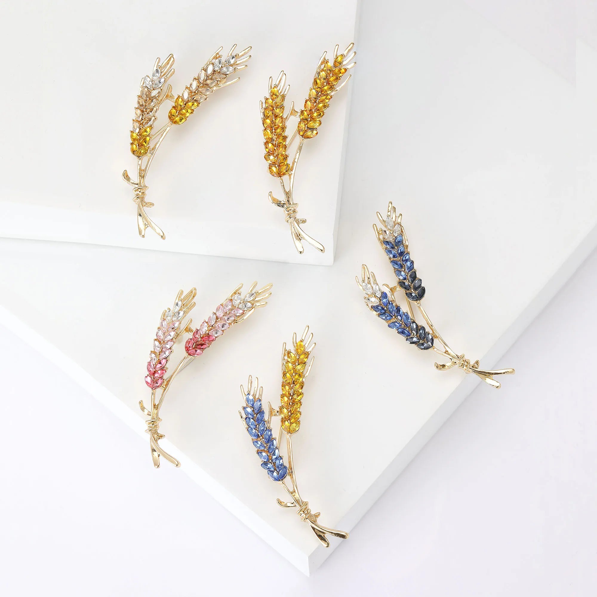 Beaut&Berry Ear of Wheat Brooches for Women Rhinestone Blue and Yellow Plant Pins 5-Color Unisex Casual Accessories Gifts