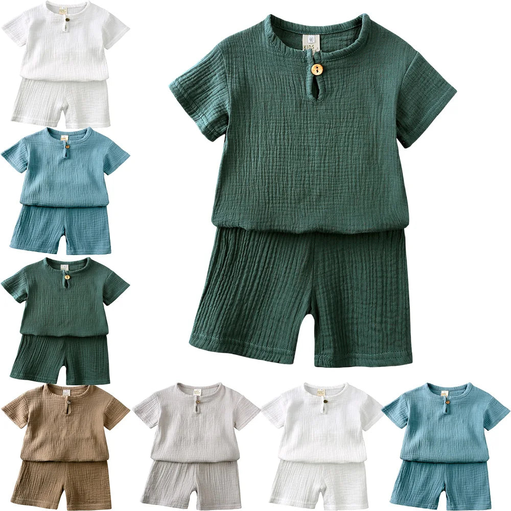 Hot Sale Kids Clothes Sets Outfits 2 Pcs Linen Cotton Infant Baby Boys Girls Clothing Newborn Top T-Shirt+Shorts Children Suit