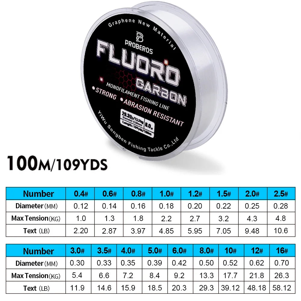 PROBEROS 100M Fluorocarbon Coating Fishing Line 2.2LB-58.12LB Carbon Fiber Monofilament Leader Line Carp Fishing Sinking Line