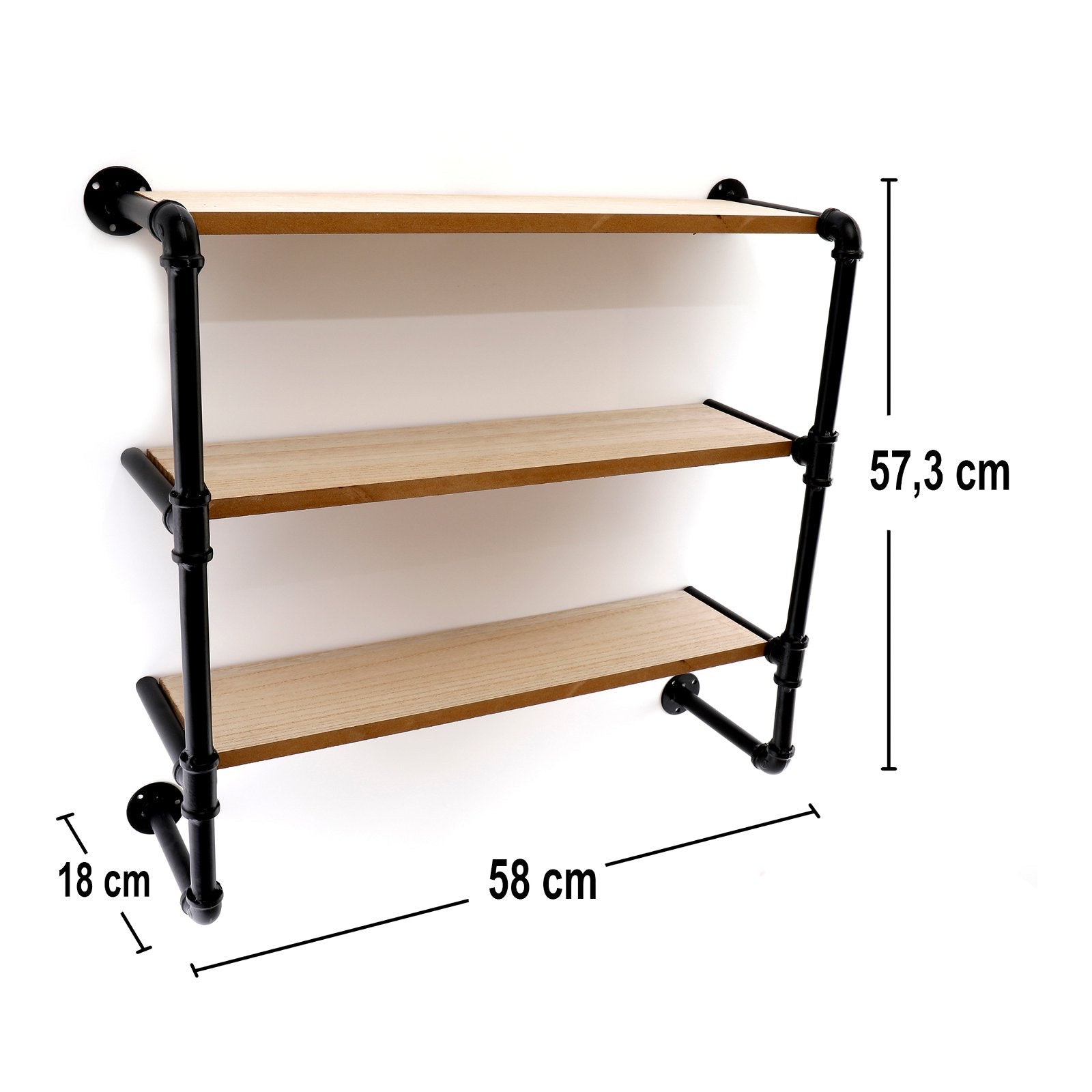 Black Pipe & Wooden Shelves 58cm-1