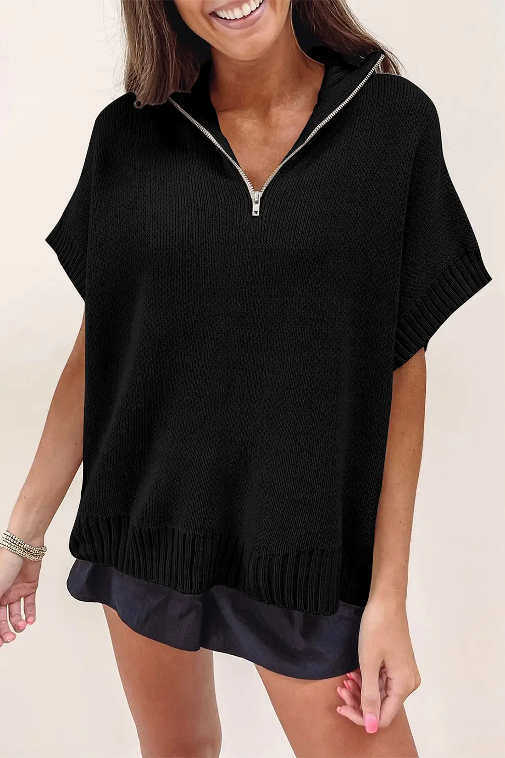 Black Quarter Zip Short Batwing Sleeve Sweater-0