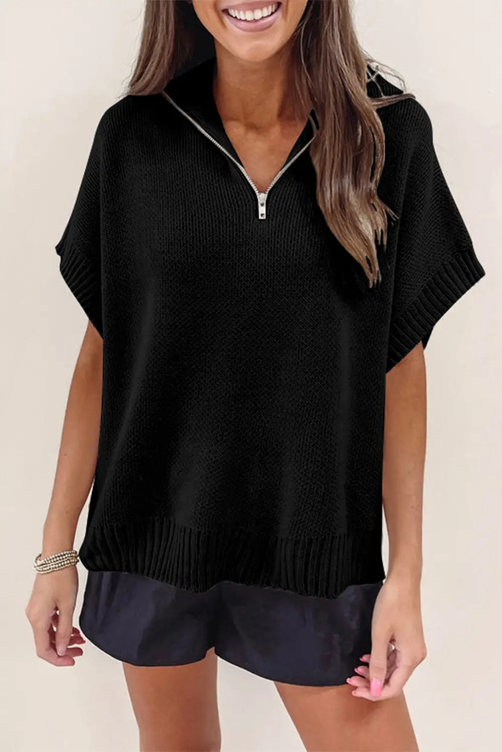 Black Quarter Zip Short Batwing Sleeve Sweater-2