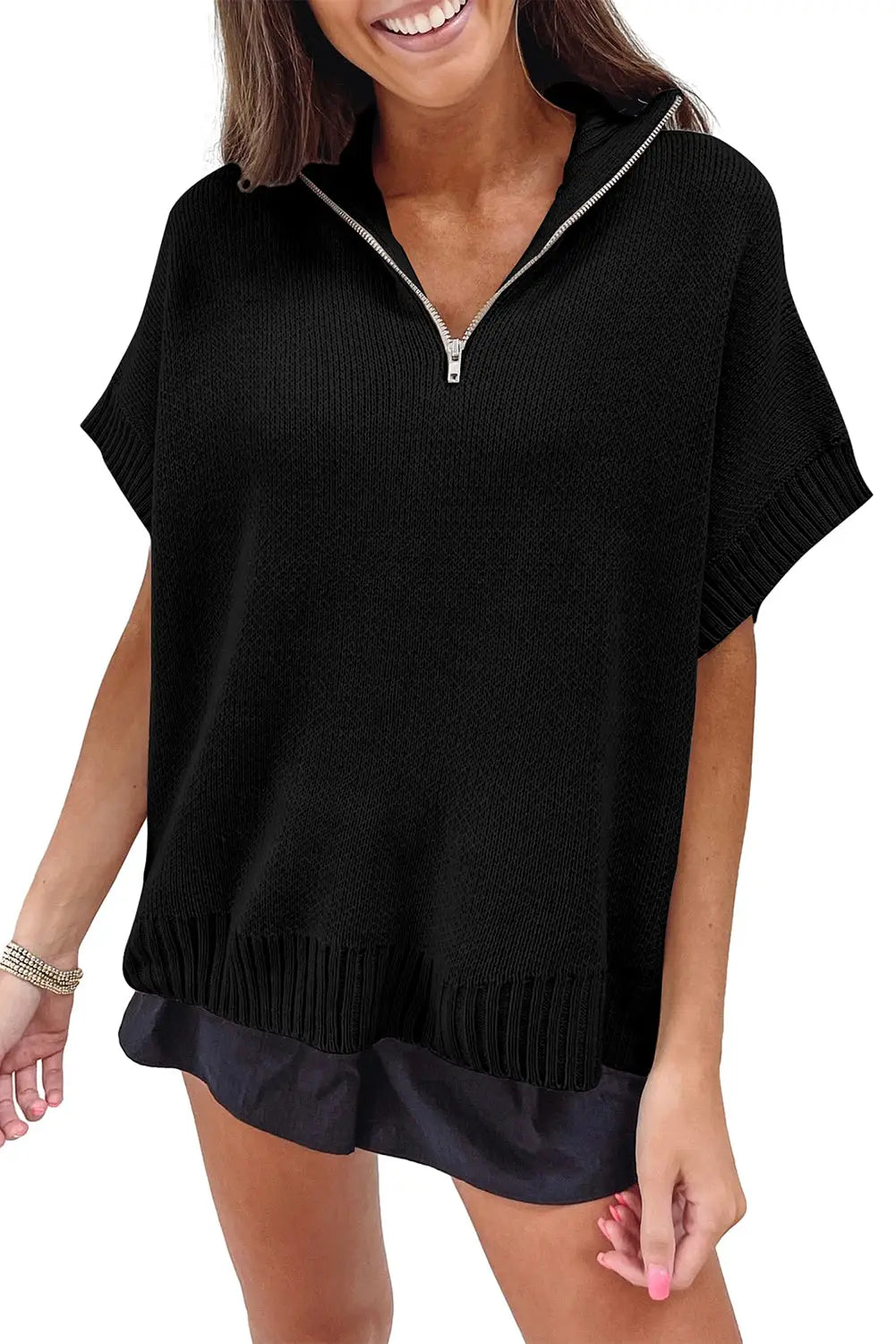 Black Quarter Zip Short Batwing Sleeve Sweater-3